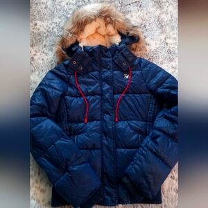 American Eagle puffer, Medium, Blue, hood with faux fur